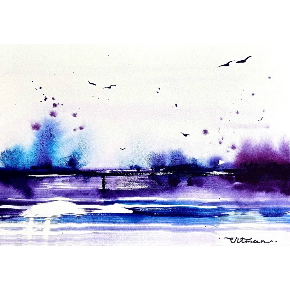 💜 Twilight Mist – Original Purple Watercolor Painting, Dreamy Landscape Art 🌙